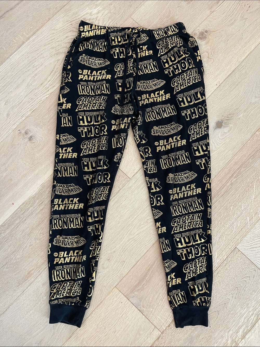 Marvel Heros Black and Gold Logo Print Joggers Unisex Small
